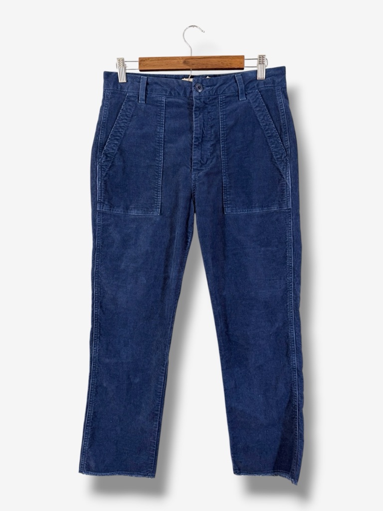 Amo Easy Army Trouser Blue Size 28 Raw Hem Cropped Ankle Corduroy Flawed Pants